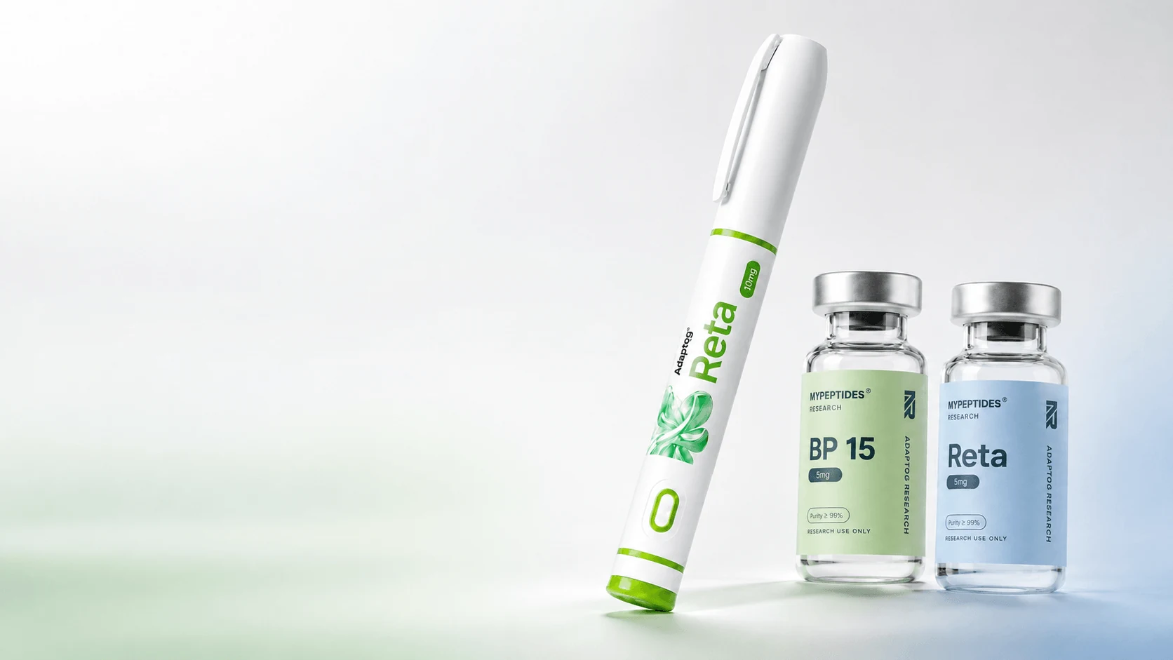 MyPeptides research vials and the Adaptog Reta injection pen