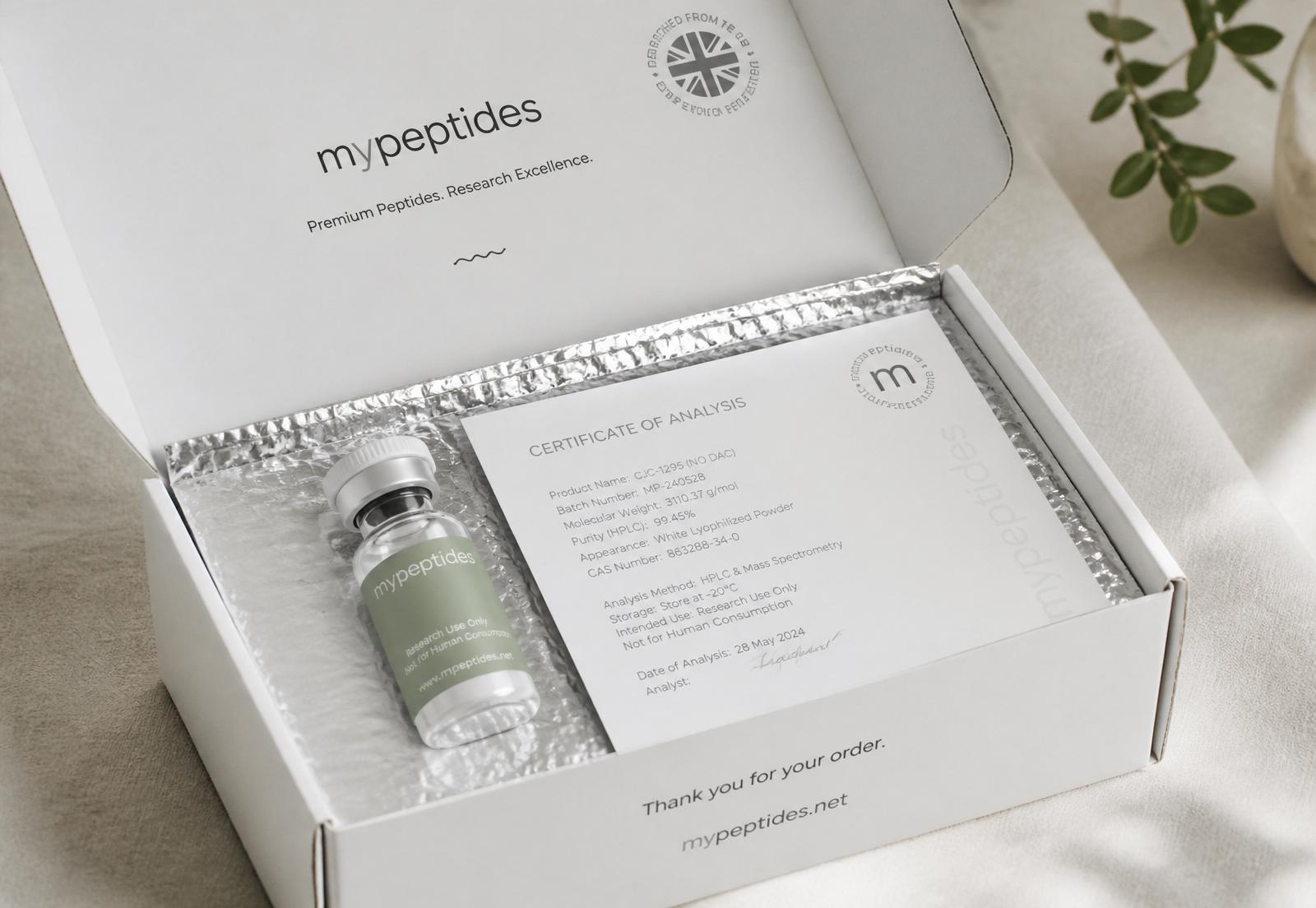 MyPeptides packaged order with insulated liner and CoA